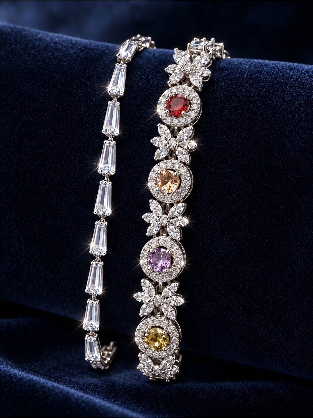 Silver Multi-Gemstone Floral Tennis Bracelet Hypoallergenic- Women Jewelry